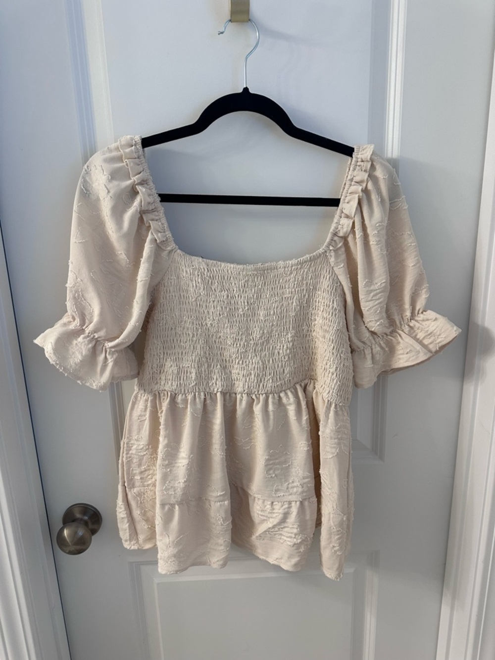 SHEIN Cream Smocked Square-Neck Babydoll Top